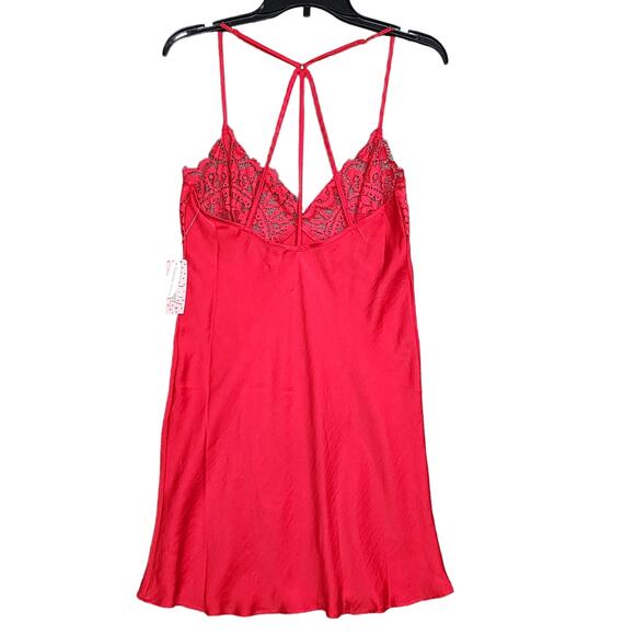 Jezebel Rita Chemise Red Satin with Sheer Lace Detail Nightgown Pajamas Medium - Picture 2 of 9
